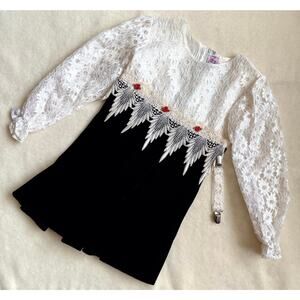 Vintage 90s MiMi Fashion Dress Girls Size 6 Black White Lace Long Sleeve Floral